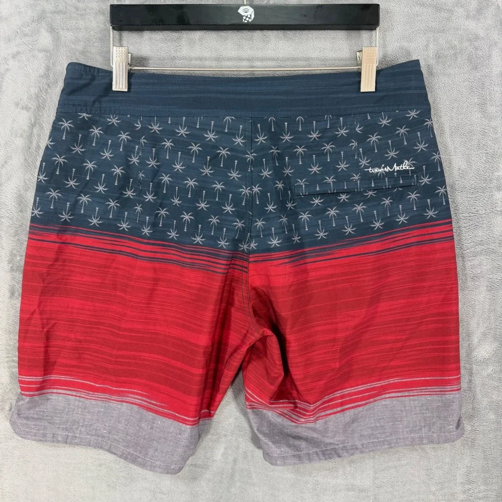 Travis Mathew Board Shorts Mens Size 32 Navy Red Grey Palm Tree Swim Trunks